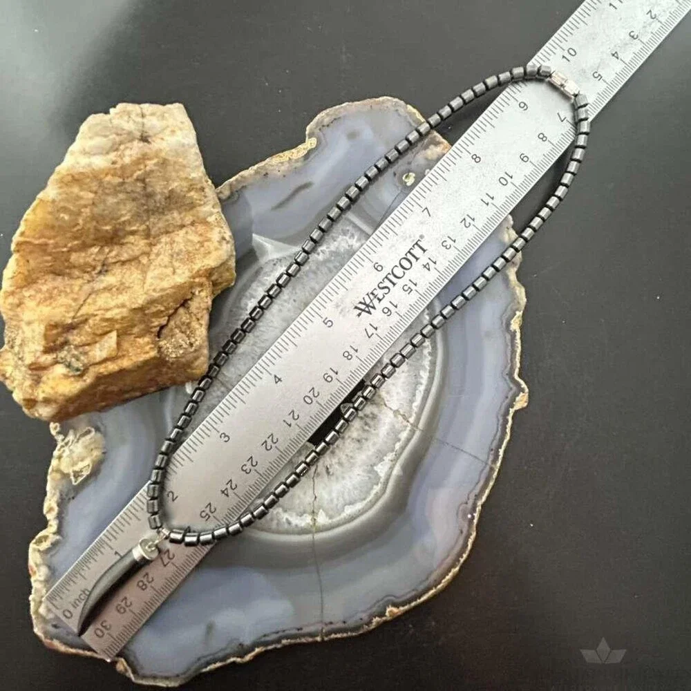 Hematite Beads with Hematite Fang Pendant Unisex 16